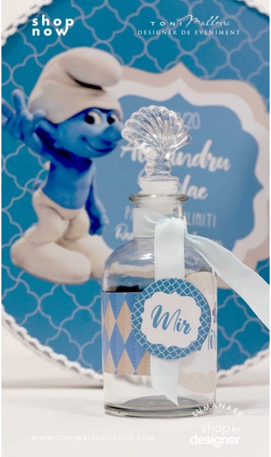 Trusou botez cu strumfii si broderie personalizata in nuante de crem si albastru Bebe Strumf 2